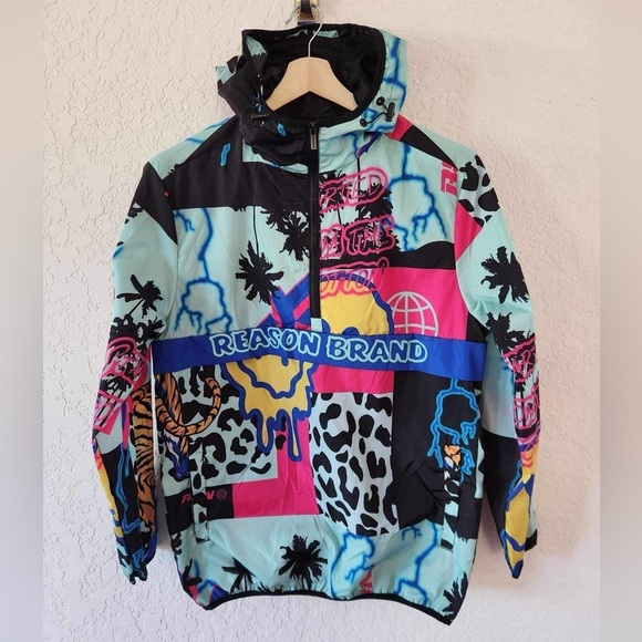 Reason Medium AOP Allover Print Half Zip Anorak Pullover Jacket Smiley Tiger - Picture 2 of 9